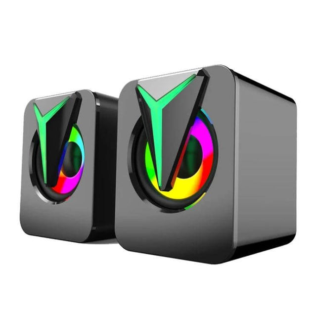 Desktop Speakers With Subtle RGB Lighting For Home Office Use compact USB-powered speakers with colorful rings and 3.5mm input