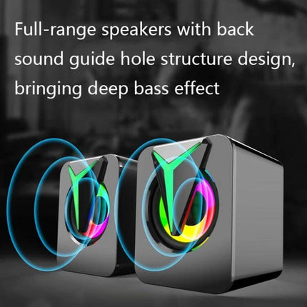 Desktop Speakers With Subtle RGB Lighting For Home Office Use showing compact speakers with colorful RGB rings and USB power