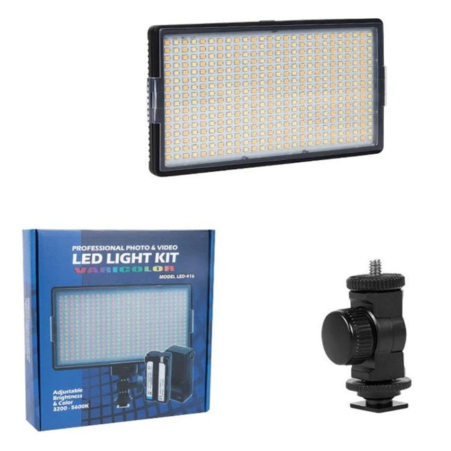 LED Stepless Dimming Adjustable Fill Light for Photography shown with LED panel, product box, and adjustable hot-shoe mount