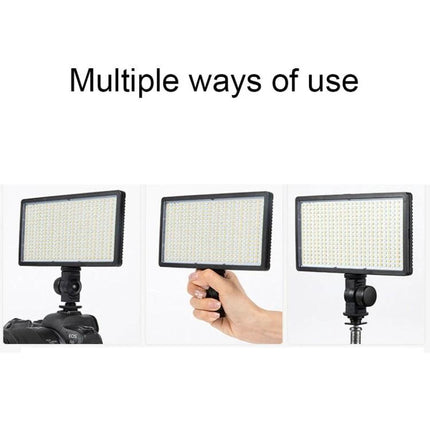 LED Stepless Dimming Adjustable Fill Light for Photography mounted on camera, handheld, and on a tripod for versatile portrait and product lighting