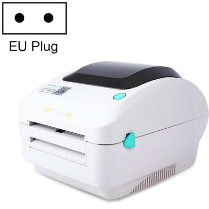 Xprinter Thermal Label Printer for Business and Logistics Use front angle showing EU plug compatibility and compact white design