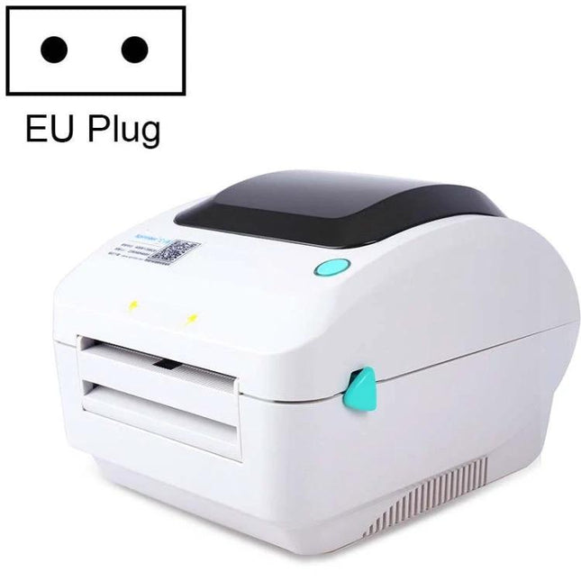 Xprinter Thermal Label Printer for Business and Logistics Use front angle showing EU plug compatibility and compact white design
