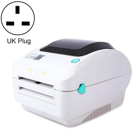 Xprinter Thermal Label Printer for Business and Logistics Use compact white thermal label printer showing front feed, UK plug icon