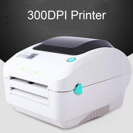 Xprinter Thermal Label Printer for Business and Logistics Use white desktop thermal label printer shown from front, 300DPI, fast high-speed printing