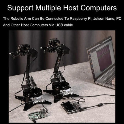 Waveshare RoArm-M1 Robotic Arm for Educational Projects showing two robotic arms connected to Raspberry Pi and laptop for hands-on learning