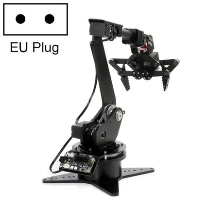 Waveshare RoArm-M1 Robotic Arm for Educational Projects showing 5-DOF metal arm with gripper and EU plug diagram for classroom prototyping