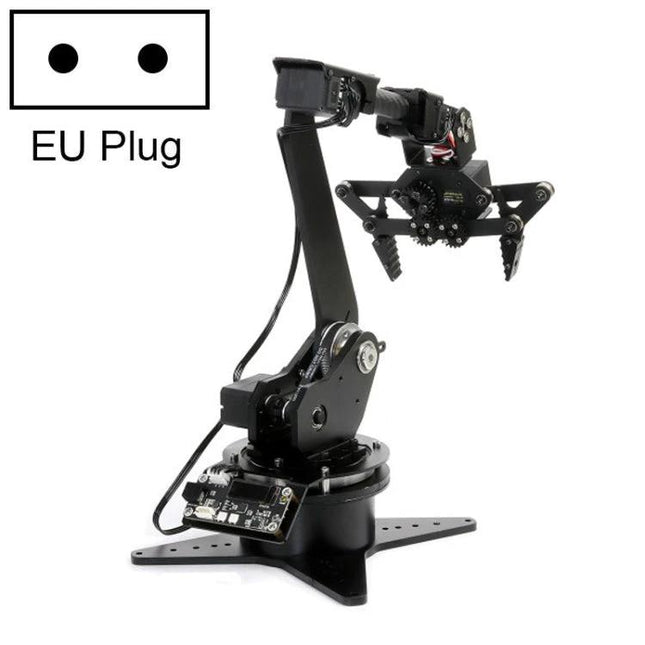 Waveshare RoArm-M1 Robotic Arm for Educational Projects showing 5-DOF metal arm with gripper and EU plug diagram for classroom prototyping