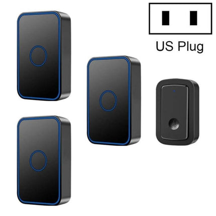 CACAZI Wireless Doorbell for Home Entry Alerts with Three Receivers showing three black blue-trim plug-in receivers and one wireless button transmitter