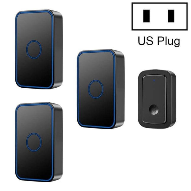 CACAZI Wireless Doorbell for Home Entry Alerts with Three Receivers showing three black blue-trim plug-in receivers and one wireless button transmitter