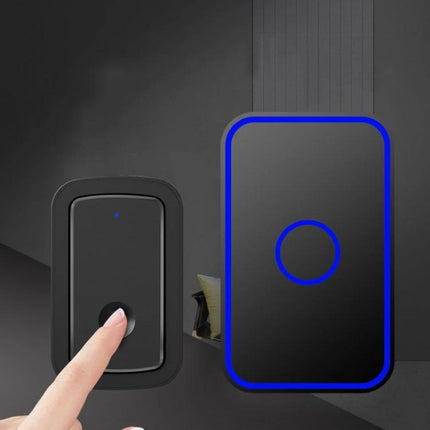 Alt Tag: CACAZI Wireless Doorbell for Home Entry Alerts with Three Receivers front view showing button transmitter and receiver with blue LED accents