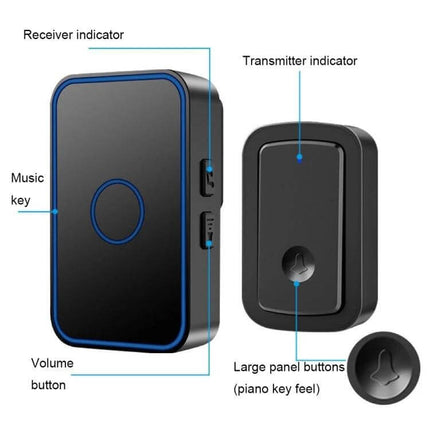 CACAZI Wireless Doorbell for Home Entry Alerts with Three Receivers showing receiver and transmitter, volume and music buttons