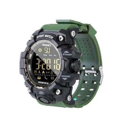 Durable Sports Watch for Daily Fitness and Outdoor Use — rugged waterproof round smart watch with green TPU band tracking heart rate and steps