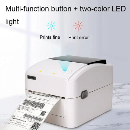 Xprinter XP-420B Thermal Label Printer with Bluetooth Option showing labels printing, multi-function button and two-color LED status indicator