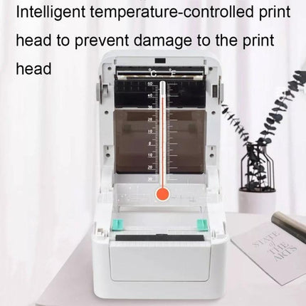 Xprinter XP-420B Thermal Label Printer with Bluetooth Option open showing temperature-controlled print head and label feed on desk