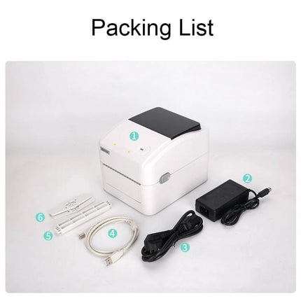 Xprinter XP-420B Thermal Label Printer with Bluetooth Option showing printer, power adapter, power cord, USB cable, and accessories (packing list)