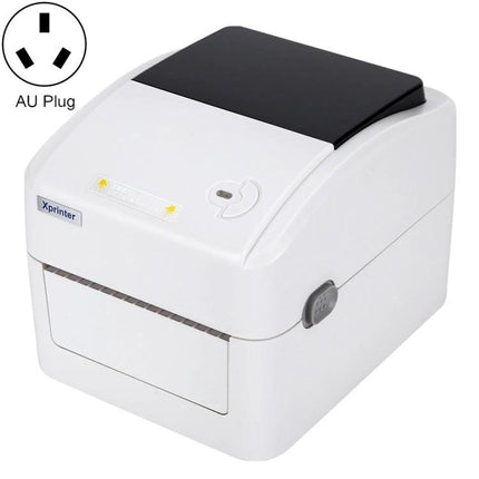 Xprinter XP-420B Thermal Label Printer with Bluetooth Option white desktop label printer showing front and AU plug icon