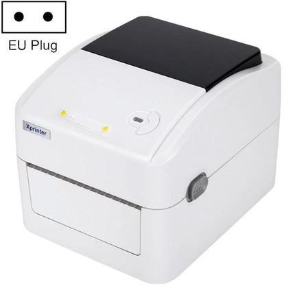 Xprinter XP-420B Thermal Label Printer with Bluetooth Option showing white desktop thermal label printer with EU plug icon