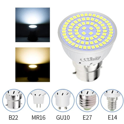 Practical LED Bulb for Everyday Home Lighting Solutions - energy-efficient SMD2835 LED showing cool and warm light with multiple base types (B22, MR16, GU10, E27, E14)
