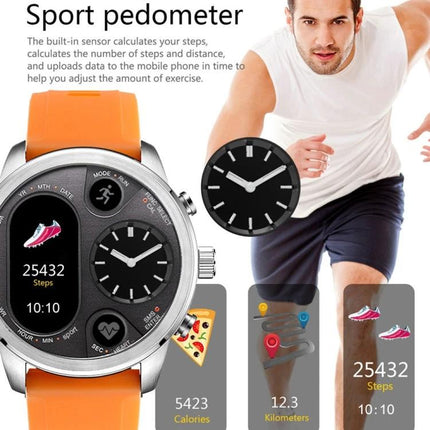 LEMFO Smart Watch for Everyday Activity Tracking and Reminders – orange strap pedometer showing steps, heart rate, calories and distance