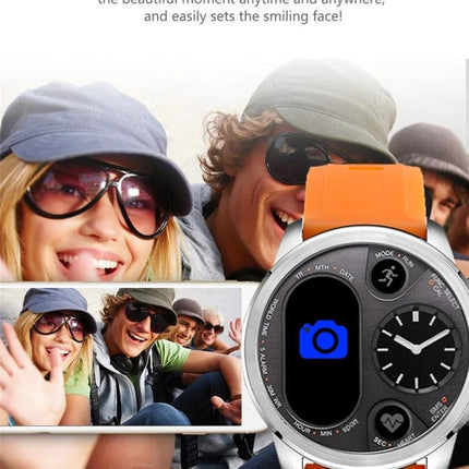 LEMFO Smart Watch for Everyday Activity Tracking and Reminders shown with orange band displaying camera remote and activity icons