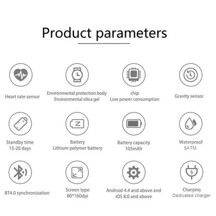 LEMFO Smart Watch for Everyday Activity Tracking and Reminders - product parameters icons showing heart rate, battery, waterproof, BT4.0, sleep tracking, sensors