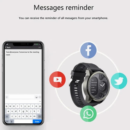 LEMFO Smart Watch for Everyday Activity Tracking and Reminders showing message notifications from smartphone and social apps