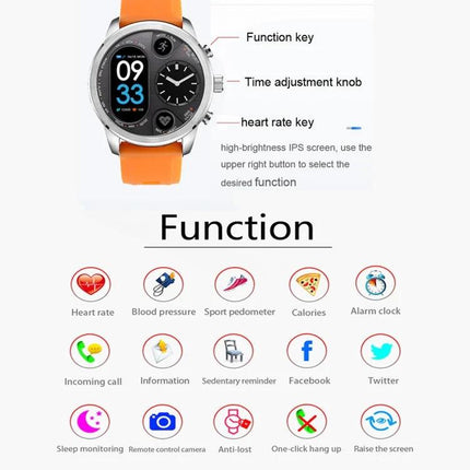 LEMFO Smart Watch for Everyday Activity Tracking and Reminders - orange band smartwatch showing functions like heart rate, sleep, pedometer, reminders
