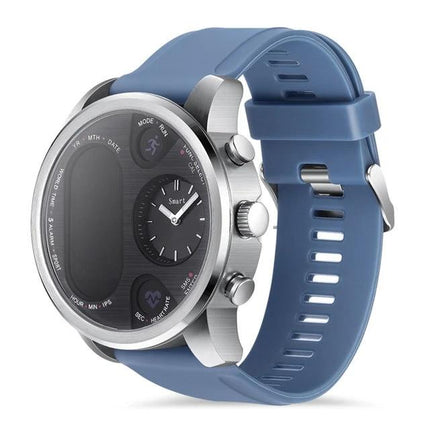 LEMFO Smart Watch for Everyday Activity Tracking and Reminders - silver case with blue silicone band showing activity icons and analog-style display