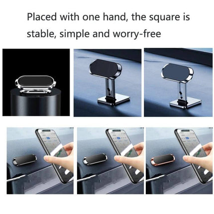 Magnetic Dashboard Car Phone Holder With Suction Cup securely mounted on dashboard showing one-handed placement and stable square base