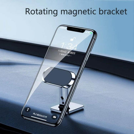 Magnetic Dashboard Car Phone Holder With Suction Cup mounted on dashboard showing rotating magnetic bracket and phone held securely