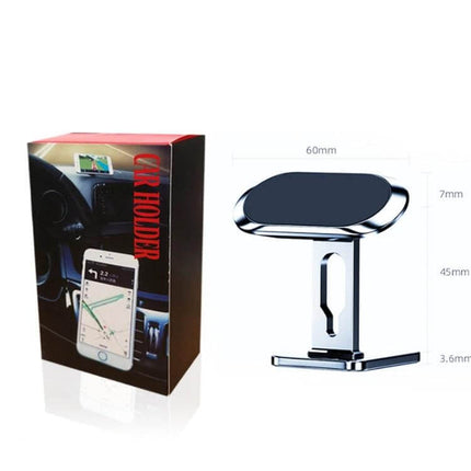Magnetic Dashboard Car Phone Holder With Suction Cup showing chrome mount, dimensions, and retail packaging