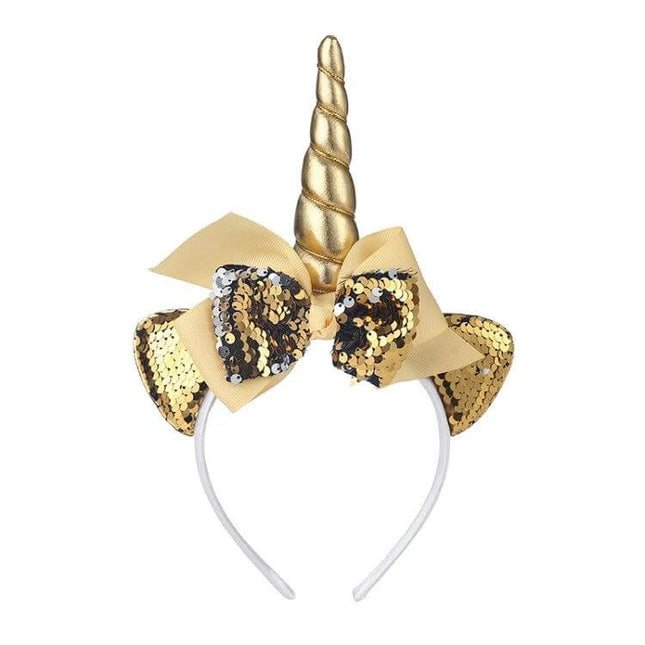 Kids Cartoon Headbands 2-Pack For Everyday Dress Up gold sequined unicorn headband with horn and bow, cotton-lined comfy kids dress-up accessory