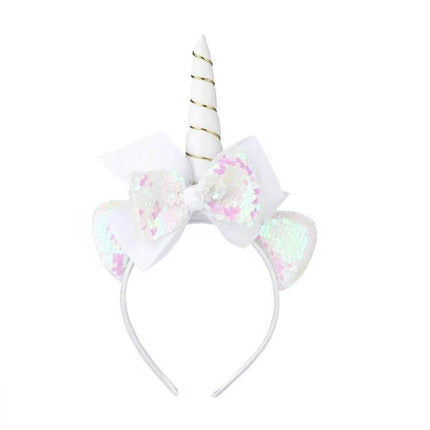 Kids Cartoon Headbands 2-Pack For Everyday Dress Up - iridescent unicorn sequined headband with cotton lining, comfortable sparkly birthday accessory