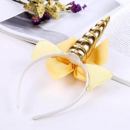 Kids Cartoon Headbands 2-Pack For Everyday Dress Up — sequined unicorn horn headband with cotton lining, yellow bow and ears for kids parties