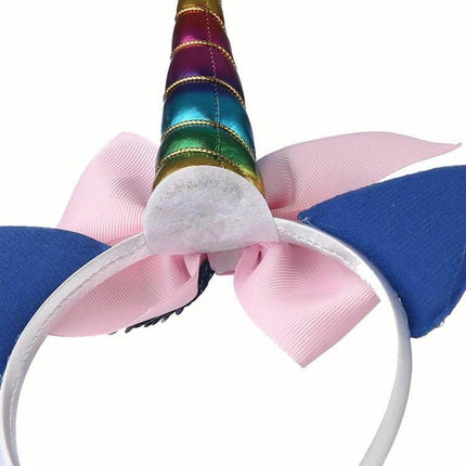 Kids Cartoon Headbands 2-Pack For Everyday Dress Up - rainbow unicorn horn sequined cloth with pink bow and blue ears, cotton-lined kids headband