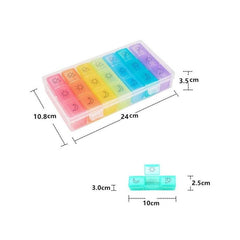 Caja de medicamentos portátil de colores con 21 compartimentos y uso semanal