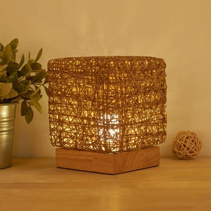 Add a Decorative Sepak Takraw Lamp to Your Bedroom Nightstand - USB-powered rattan cube lamp with solid wood base and warm ambient light