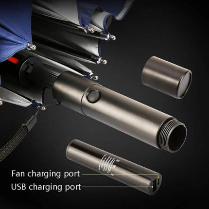 PGM Golf Umbrella with Built-in Fan for Everyday Sun Protection showing built-in USB fan handle and charging ports