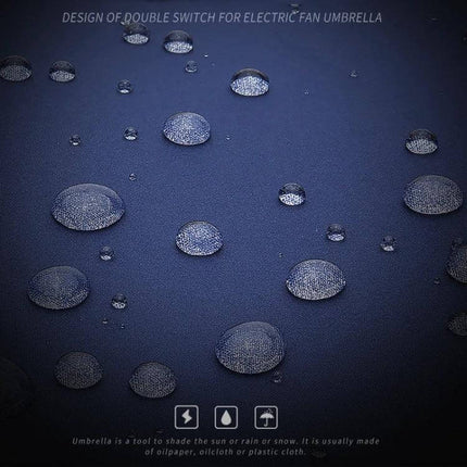 PGM Golf Umbrella with Built-in Fan for Everyday Sun Protection showing water-repellent fabric with beaded raindrops