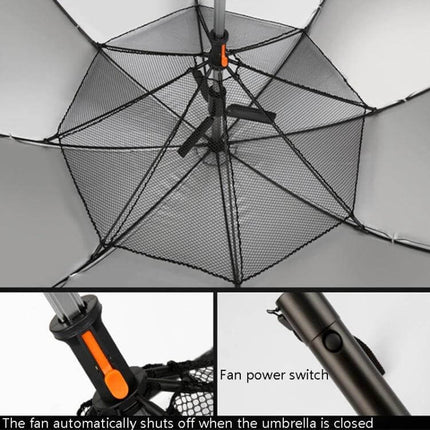 PGM Golf Umbrella with Built-in Fan for Everyday Sun Protection showing interior mesh, fan unit, and power switch