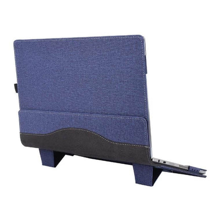 13.3 Inch Leather Protective Laptop Case with Stand in blue PU leather showing rear view and built-in stand for commuting and café use