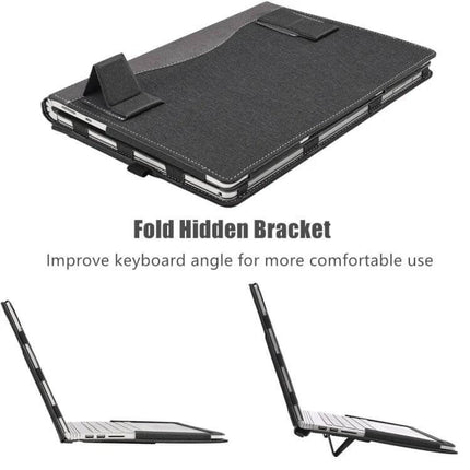 13.3 Inch Leather Protective Laptop Case with Stand in black PU leather showing fold hidden bracket stand for angled typing and viewing