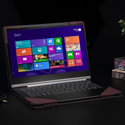 13.3 Inch Leather Protective Laptop Case with Stand showcasing a laptop in PU leather folio with built-in stand for hands-free viewing