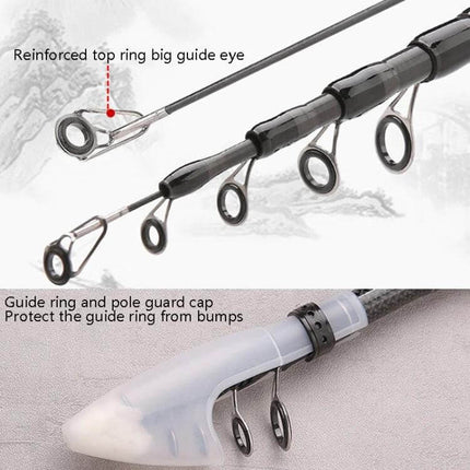 Carbon Telescopic Fishing Rod For River And Lake Fishing close-up of reinforced guide rings, telescopic sections and protective pole guard cap