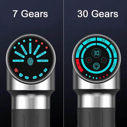 Fascia Muscle Vibration Massager For Full Body Relaxation showing 7 Gears and 30 Gears digital speed display with nano silica gel handle