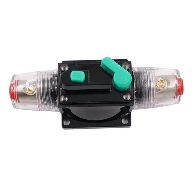 Car Audio Circuit Breaker Switch 10A For Automotive Use, 12–48V inline reset breaker with green manual reset lever and clear fuse holders