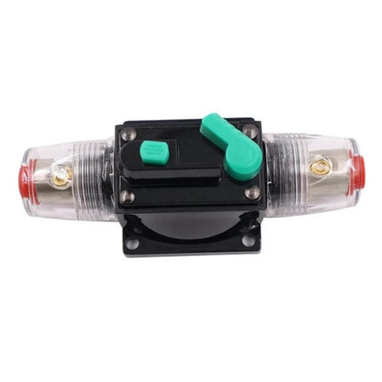 Car Audio Circuit Breaker Switch 10A For Automotive Use – 10A resettable inline breaker with clear terminals and green reset lever for 12–48V systems