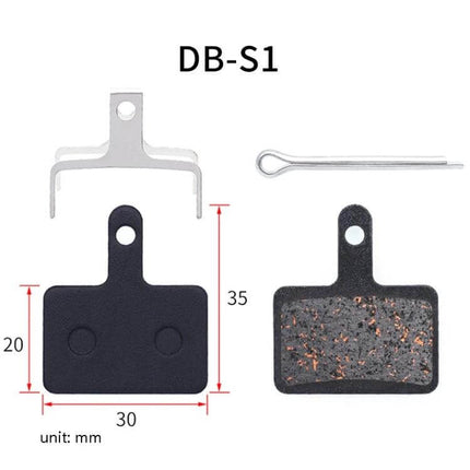 Mountain Bike Semi-Metallic Brake Pads for Disc Brakes - copper-fiber pads with steel back plate, DB-S1 shape, 30x20x35mm, easy-install pin included