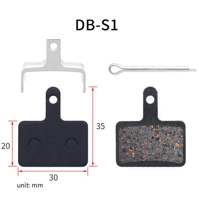 Mountain Bike Semi-Metallic Brake Pads for Disc Brakes - copper-fiber pads with steel back plate, DB-S1 shape, 30x20x35mm, easy-install pin included