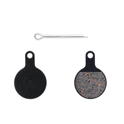 Mountain Bike Semi-Metallic Brake Pads for Disc Brakes - round copper-fiber pads with steel back plates and retaining pin, set for bicycle disc brakes